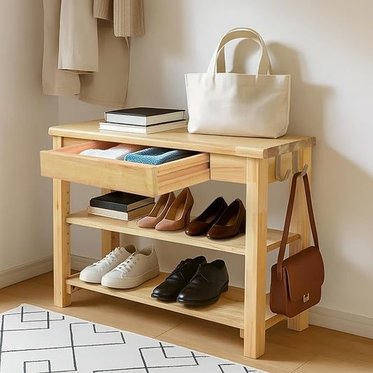 Shoe Storage Bench Wood Entryway: Shoe Rack Bench with Drawer 3-Tiers Height Adjustable,Rustic Wooden Organizer for Front Door Entrance Hallway Living Room,Mudrooms (Natural 2-Tiers, 31.5")