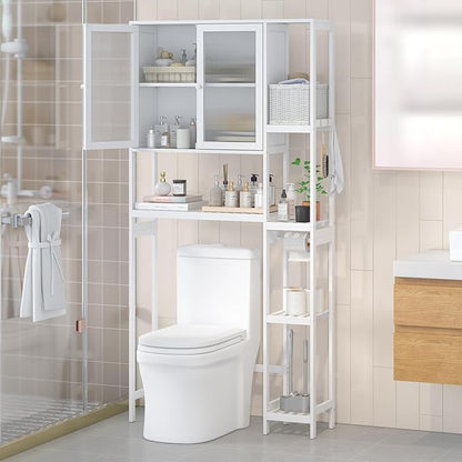 Wisuce Essentials Over The Toilet Storage Cabinet Above Toilet Bathroom Organizer with Toilet Paper Holder Stand Bath Organizer with Adjustable Shelves & Acrylic Doors,Anti-Tip Device (White)