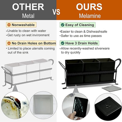 Cutlery Holder with Drain Holes, Silverware Caddy for Party Countertop, 3pcs Bins Set Utensil Holders for Spoon and Fork, Black