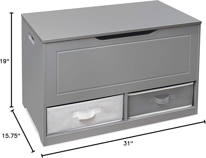 Badger Basket Toy Box and Storage Bench - Chest and Seat Combo with 2 Reversible Baskets, Safety Hinge Lid - Kids Toy Organizer for Playroom or Bedroom - Gray
