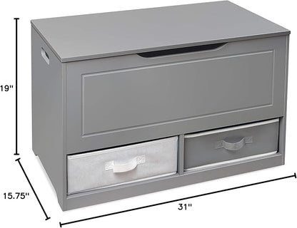 Badger Basket Toy Box and Storage Bench - Chest and Seat Combo with 2 Reversible Baskets, Safety Hinge Lid - Kids Toy Organizer for Playroom or Bedroom - Gray