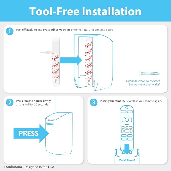 TotalMount Hole-Free Remote Holders – Eliminate Need to Drill Holes in Your Wall (White Remote Control Holders, Quantity 2)