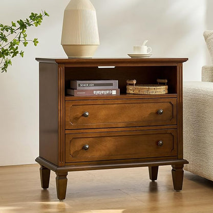 HULALA HOME Farmhouse End Table with Charging Station Set of 2, End Table with USB Ports & Outlets, Fluted Pilasters Design Side Table with Open Space and 2 Drawers Dresser for Living Room, Walnut