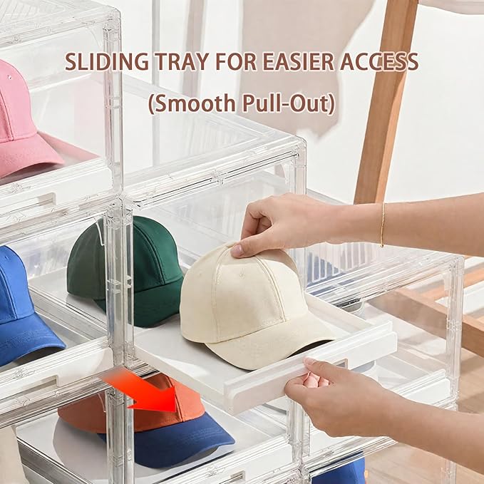 Tangyinus 2 Pack Clear Shoe Boxes - Stackable Sneaker Display Case with Sliding Tray and Door, Large Shoe Containers Up to Fit Size 14, Plastic Shoe Storage Box, Great Hat Organizer for Baseball Caps