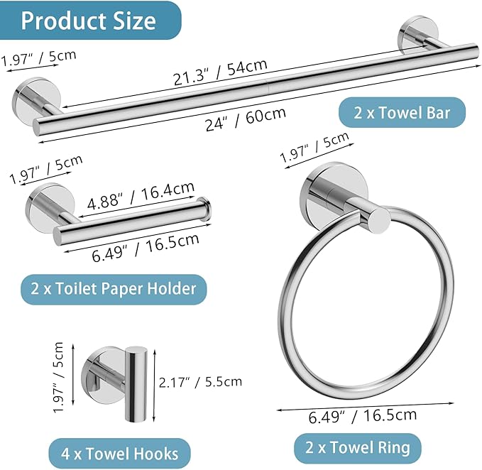 Newfun 10-Pieces 24 Inch Polished Chrome Bathroom Hardware Set, Includes 24 Inch Towel Racks for Bathroom Wall Mounted, Toilet Paper Holder, Towel Hooks for Bathrooms, Towel Rings for Bathroom Wall