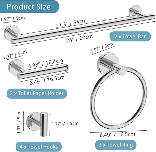 Newfun 10-Pieces 24 Inch Polished Chrome Bathroom Hardware Set, Includes 24 Inch Towel Racks for Bathroom Wall Mounted, Toilet Paper Holder, Towel Hooks for Bathrooms, Towel Rings for Bathroom Wall