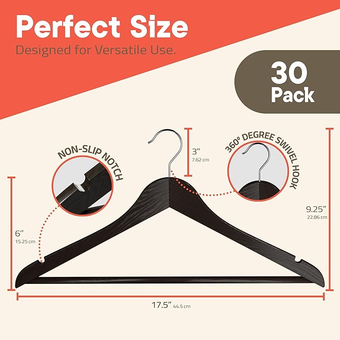 Brown Wooden Hangers 30 Pack – Heavy-Duty with 360° Swivel Hook, Non-Slip, Pants Bar & Shoulder Grooves - Wooden Hangers for Suits, Jackets, Dresses & Camisoles, Space-Saving and Smooth Finish
