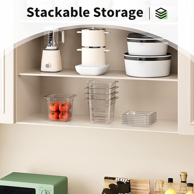 FORITRUE 1/6 6'' 6 Pack Plastic Food Pans With Lids, Clear Food Pan, Commercial Stackable Polycarbonate Freezer-Safe for Fruits Vegetables Restaurant Kitchen