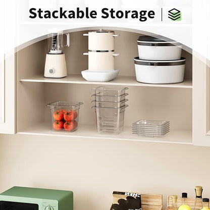 FORITRUE 1/6 6'' 6 Pack Plastic Food Pans With Lids, Clear Food Pan, Commercial Stackable Polycarbonate Freezer-Safe for Fruits Vegetables Restaurant Kitchen