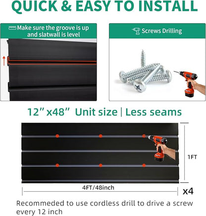 Slat Wall Paneling Garage Slat Wall Storage Systems, Slatwall Panels 4x4 ft Peg Board Tool Organization, PVC Wall Slat Panels Wall Organizer Black Slatwall Garage Storage & Organization Products