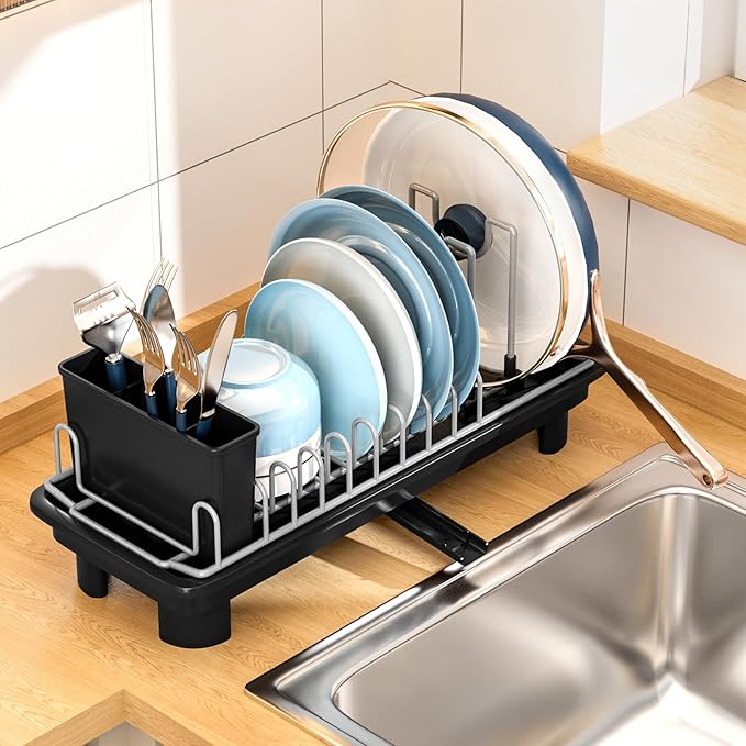 SOVGIZF Compact Dish Drying Rack with Utensil Holder – Small Countertop Dish Drainer with 360° Rotating Drain Spout, Stainless Steel Dish Rack for Kitchen Sink, Space-Saving Design for Small Kitchen