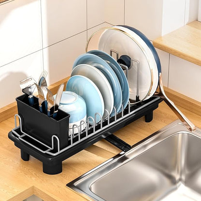 SOVGIZF Compact Dish Drying Rack with Utensil Holder – Small Countertop Dish Drainer with 360° Rotating Drain Spout, Stainless Steel Dish Rack for Kitchen Sink, Space-Saving Design for Small Kitchen