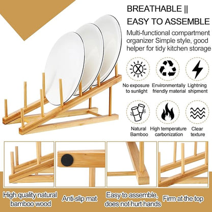 Suclain 6 Pcs Wooden Bamboo Dish Drying Rack Kitchen Cabinet Organizer for Cabinet Cutting Board Display Stand for Dish Plate Bowl Water Bottles Cup Pot Lid Cutting Board