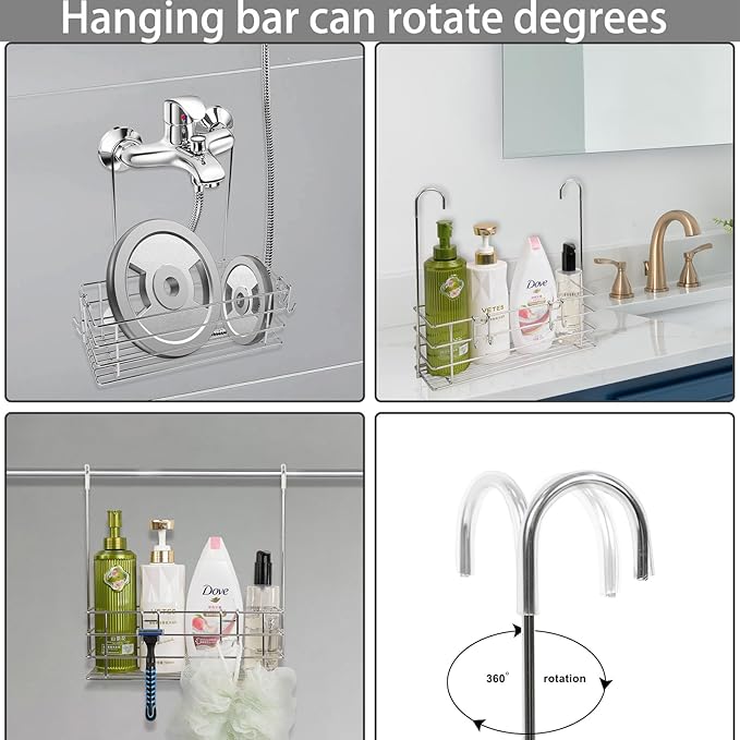 Seltomer 2pcs Single-Layer Hanging Shower Caddy, Rustproof Shelves Rack with Rotatable Hook bar, Large Capacity Bathroom Organizers and Storage, No Drilling Shampoo Bracket