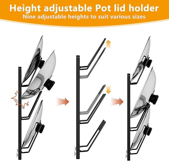 FEZHI pot lid organizer Rack, 3-tier adjustable and removable Pot Lids Holder for Kitchen Cabinet Door/Wall, No Drilling Adhesive Wall/Door Mounted Rustproof pots and pans organizer under cabinet.