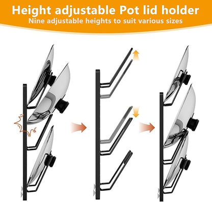 FEZHI pot lid organizer Rack, 3-tier adjustable and removable Pot Lids Holder for Kitchen Cabinet Door/Wall, No Drilling Adhesive Wall/Door Mounted Rustproof pots and pans organizer under cabinet.