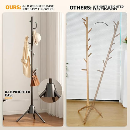 Anti-Tip Coat Rack with 8LB Weighted Base, Heavy Duty Metal Coat Rack Freestanding with 8 Hooks, 3 Adjustable Height Sturdy Clothes Rack Space Saving Organizer Stand for Entryway, Bedroom, Office