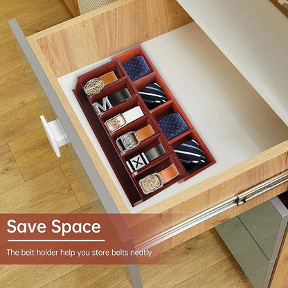 Niciksty Large Adjustable Wood Belt Organizer, 10 Compartments Belt Rack and Tie Storage Holder for Closet and Drawer, Belt Holder Organizer and Displayer, Tie Holder Storage for Men Women, Brown