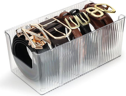 AUOIKK Acrylic Belt Organizer with Adjustable 4 Compartments & Stackable Design, Clear Storage for Closet and Drawer Organization