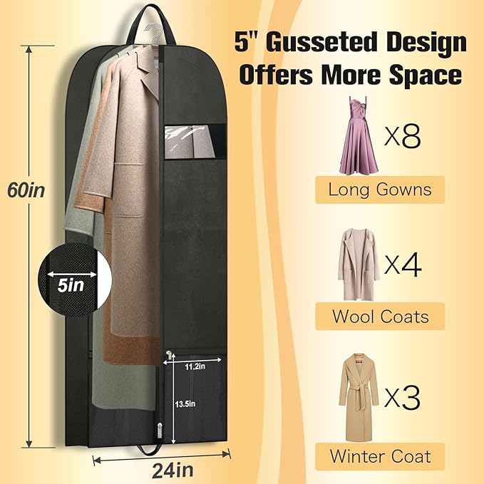 Dress Bags for Gowns 60", Long Garment Bags for Hanging Clothes Travel with Pockets and Zipper, Gusseted Garment Bag for Dress, Shows Dance Costume, Tuxedos, Clothes Protector Suit Cover Bags Black