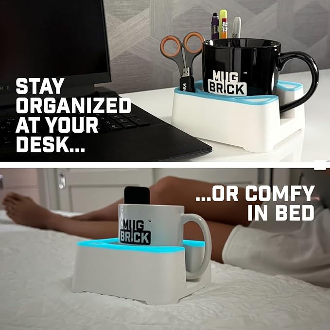 MugBrick Spill-Proof Mug Holder and Desk Organizer. Non-Tip Coffee Cup Holder with Pockets for Pens and Small Remotes. Ideal for Bed, Desktop or Couch, Gift for Coffee Drinkers, White + Pink Glow