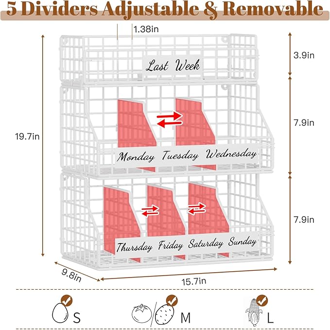 Egg Basket for Countertop, Egg Holder Countertop with 5 Dividers & Labels, 3 Tier Stackable Wire Storage Baskets to Keep Eggs Organized, Egg Organizer Decorative Rack for Kitchen & Home, White