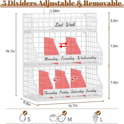 Egg Basket for Countertop, Egg Holder Countertop with 5 Dividers & Labels, 3 Tier Stackable Wire Storage Baskets to Keep Eggs Organized, Egg Organizer Decorative Rack for Kitchen & Home, White