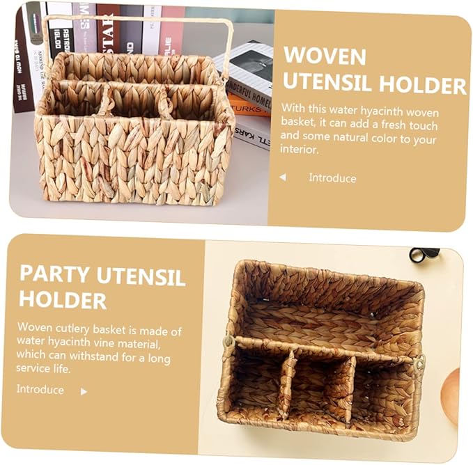 Woven Straw Storage Basket for Kitchen Home Decor Utensil Organizer Multi-compartment Cutlery Holder Folding Handle Natural Style