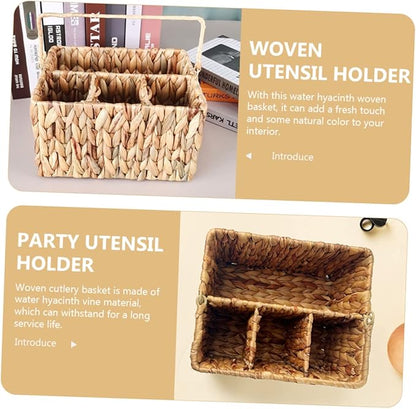 Woven Straw Storage Basket for Kitchen Home Decor Utensil Organizer Multi-compartment Cutlery Holder Folding Handle Natural Style