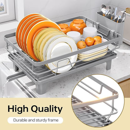 TOOLF Space-Saving Dish Drying Rack, Multifunctional Dish Rack for Kitchen Counter,Sink Dish Drainer Rack, Dishes Strainer with Drain Board & Cutlery Holder, Compact Dryer Rack,Gray