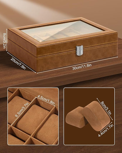 Uten 12-Slot Watch Box, PU Leather Watch Case with Glass Lid, Watch Holder Organizer with Soft Pillow and Velvet Lining, Watch and Jewelry Storage Box, Brown