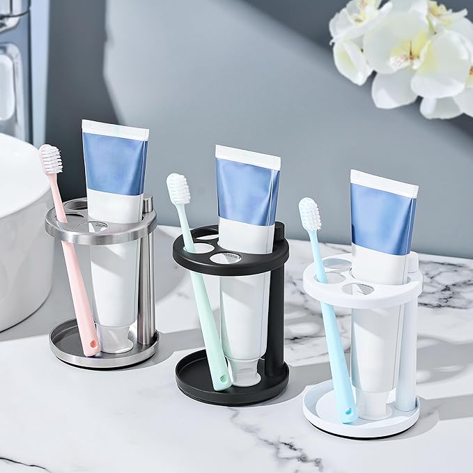 Toothbrush & Toothpaste Holder for Bathroom Countertop, Metal Electric Toothbrush Stand with Razor Slot, Ideal Design Caddy for Kids & Family, Stainless Steel Bathroom Accessories, White