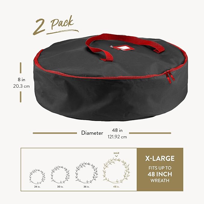 ZOBER 2 Pack Oxford Christmas Wreath Storage Container 48 Inch - Wreath Bag for Artificial Wreaths Box - Waterproof Fabric, Dual Zippered Wreaths Storage Bag With Strong Durable Handles - Black
