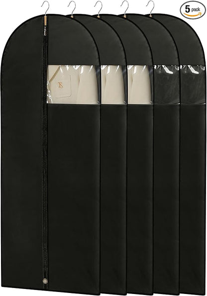 Dress Bags for Gowns, 65'' Long Garment Bags for Hanging Clothes, Dress Garment Bag, Black Dress Bag with Clear Window for Dresses, Coats, Uniforms（5 Packs）
