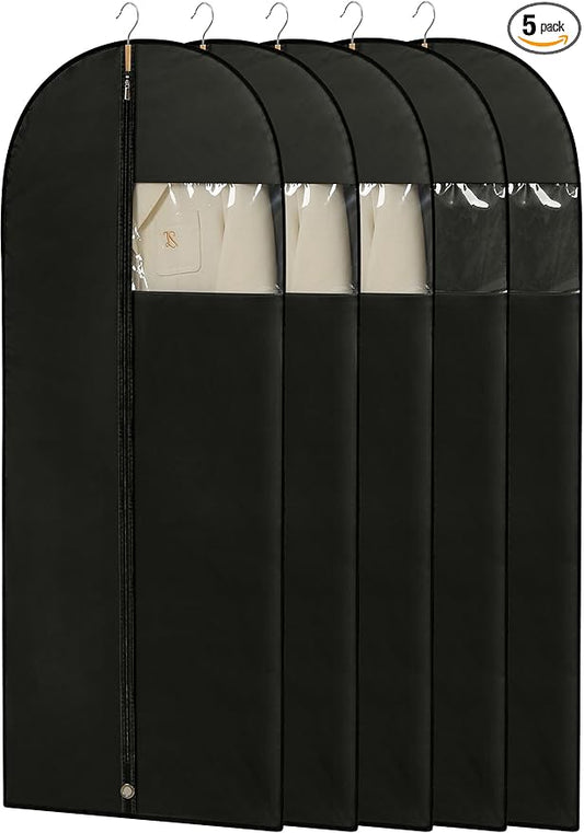 Dress Bags for Gowns, 65'' Long Garment Bags for Hanging Clothes, Dress Garment Bag, Black Dress Bag with Clear Window for Dresses, Coats, Uniforms（5 Packs）