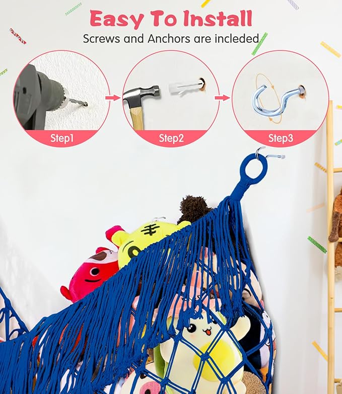 Stuffed Animal Hammock - Extra Large 56'' Long, Stuffed Animal Storage, stuffed animal Holder net, Hammock Large, Storage Hanging Organizer - Sapphire blue
