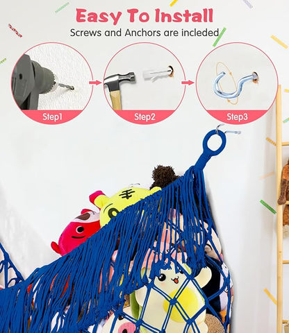 Stuffed Animal Hammock - Extra Large 56'' Long, Stuffed Animal Storage, stuffed animal Holder net, Hammock Large, Storage Hanging Organizer - Sapphire blue