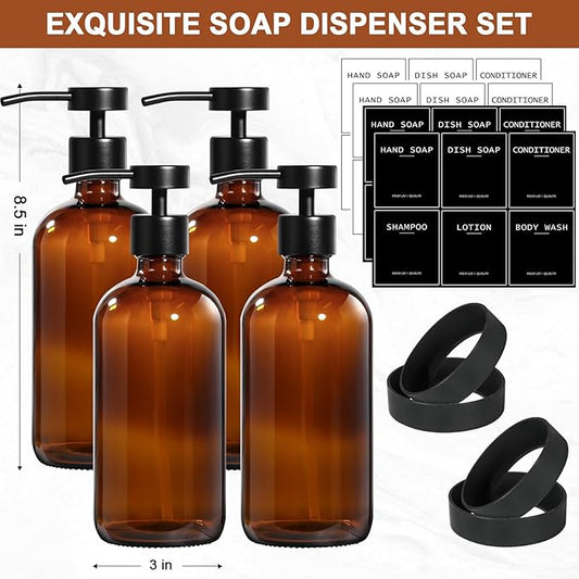 RYTOXILO Amber Glass Soap Dispenser 4 Pack, Hand Soap Dispenser Bathroom with Stainless Steel Pump, 16.9 Fl oz Hand and Dish Soap Dispensers Set Kitchen, Modern Brown Soap Lotion Dispensers Bottle