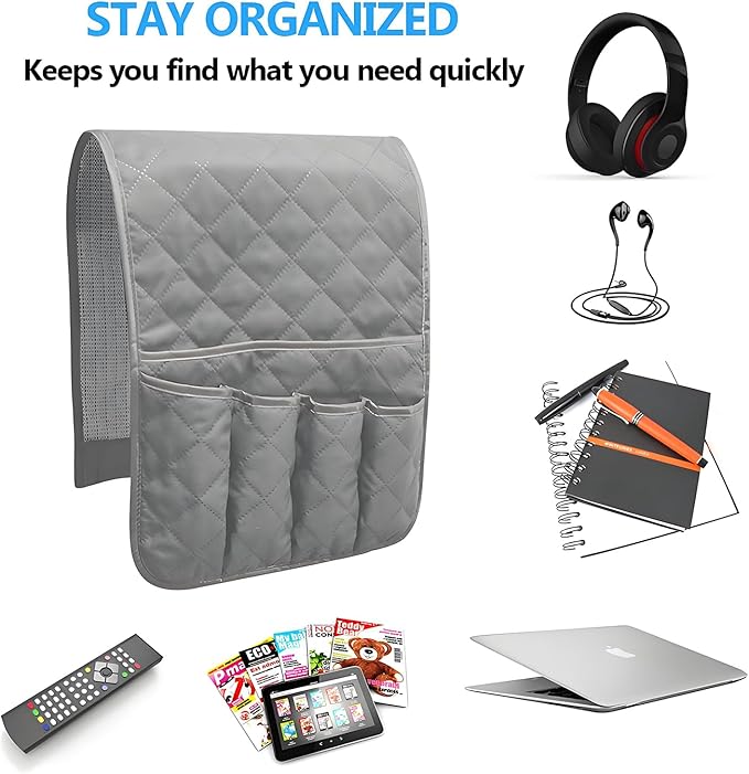 AUVCAS Sofa Armrest Organizer Non-Slip Arm Chair Bedside Caddy Storage Organizer for Recliner Couch with 5 Pockets for Cell Phone TV Remote Control Magazines (Grey)