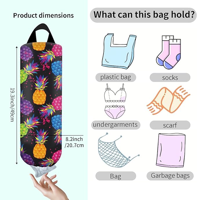 Plastic Bag Holder, Wall Mount Grocery Bag Organizer, Funny Hanging Trash Storage Dispenser for Home Kitchen Colorful Pineapple