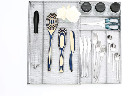 JANE EYRE Utensil Drawer Organizer - Expandable Cutlery Tray, Silverware/Flatware Storage Divider for Kitchen, Mesh Designing with Non-slip Rubber Feet (Silver)
