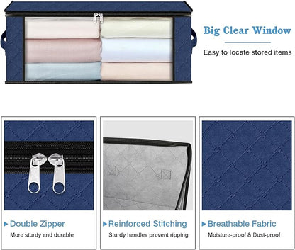 HomeHacks Storage 8-Pack Clothes Organizer Storage Bags Foldable Storage Box with Large Clear Window Sturdy Handles for Closet, Dorm, Pillows, Bedding, Clothes, Blankets, 35L, Blue