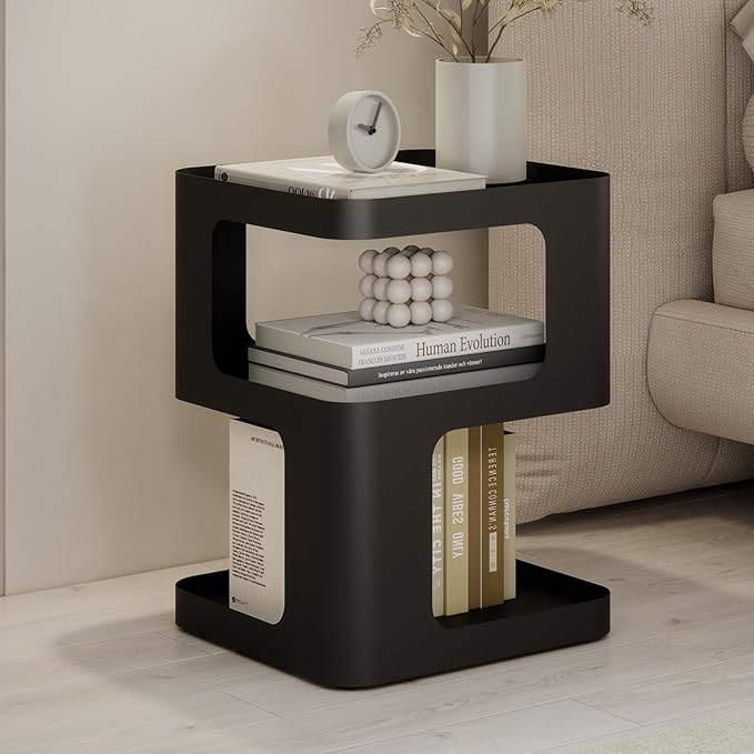 ZEYEXE Modern Side Table, Metal Bedside Table Living Room, 3 Tier end Tables with Storage,Nightstand for Small Spaces, Living Room, Bedroom, Sturdy, No Assembly Required
