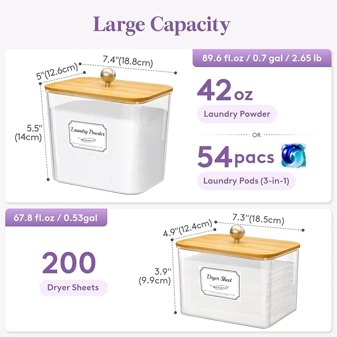 Lifewit Large Laundry Pods Container& Dryer Sheet Holder, Laundry Storage Containers, Laundry Room Organization Storage Jars for Powder, Scent Booster Beads,Bamboo Lid,0.53+0.7 gal,5 Pcs