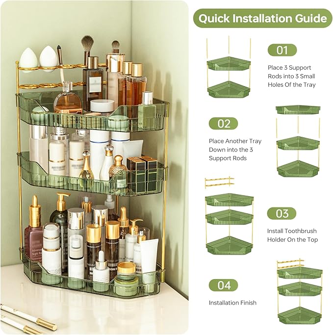 ZZWILLB Corner Bathroom Counter Organizer with Makeup Brush Holder & Toothbrush Holders, Makeup Organizer for Vanity Countertop, Acrylic Skincare Storage Shelf (Green, 3-Tier)