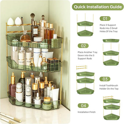 ZZWILLB Corner Bathroom Counter Organizer with Makeup Brush Holder & Toothbrush Holders, Makeup Organizer for Vanity Countertop, Acrylic Skincare Storage Shelf (Green, 3-Tier)