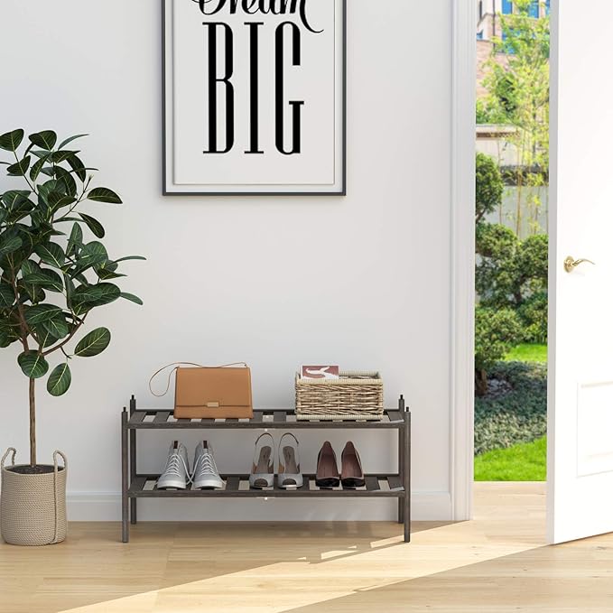 Bamboo 2-Tier Shoe Rack Stackable Shelf Storage Organizer for Entryway, Hallway and Closet, 27.2"x11"x13.2" (Mocha)