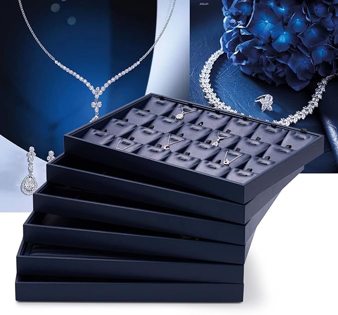 Oirlv Elegant Blue Jewelry Display Tray Stackable Jewelry Trays Jewelry Drawer Organizer Rings Earrings Necklace Storage