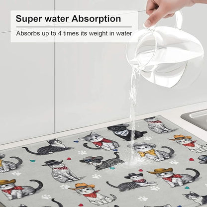 Pet Lover Cat Dish Drying Mat 18x24 For Kitchen Counter Absorbent Microfiber Dishes Pad Dish Drainer Rack Mats Fast Dry Kitchen Accessories