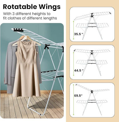 COSTWAY Clothes Drying Rack, Foldable 2 Tier Clothing Rack with Height-Adjustable Wings, 33 Drying Rails & Sock Clips, Portable Space Saving Laundry Drying Rack for Apartment, RV, Indoor & Outdoor Use
